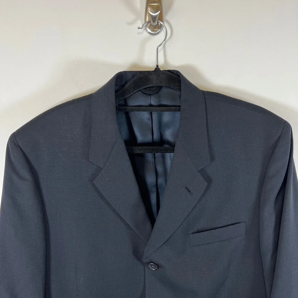 Kenneth Cole New York Mens Blazer Navy‎ Blue Micro Check 3 Button Sport Coat USA